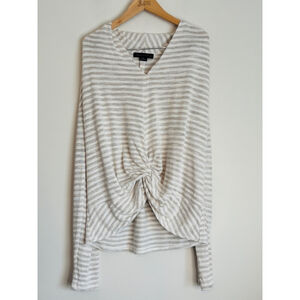 Sanctuary Striped Twist Front V Neck Top White Gray Medium
